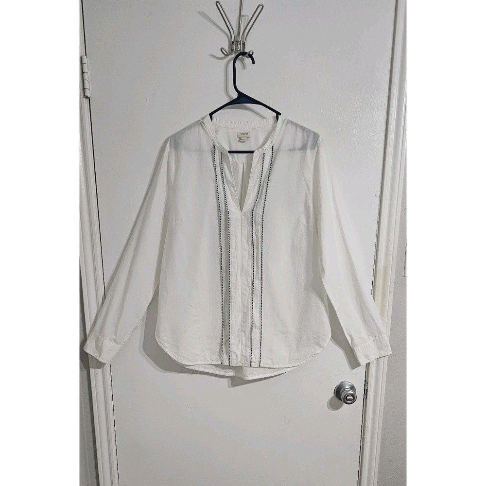 J Crew Popover Shirt Blouse Buttons Sz Large White Blue Minimalist Preppy Career